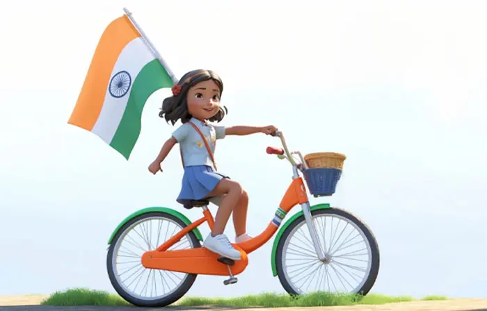 Girl Riding Bicycle with Indian Flag on Occasion of Independence Day 3D Character image